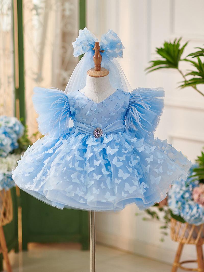 LalaMira Angelic White Tulle Tutu Dress for Christening & 1st Birthday - 3D Butterfly Appliques Sky Blue / 4T LalaMira Angelic White Tulle Tutu Dress for Christening & 1st Birthday - 3D Butterfly Appliques Sky Blue / 4T