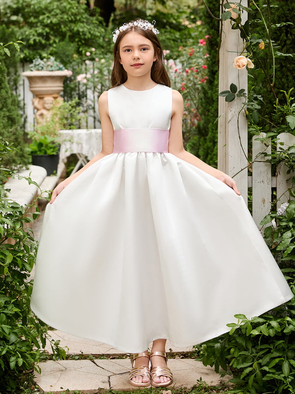 Ivory Satin Flower Girl Ball Gown with Sash Bow | Ankle-Length Tulle Dress (010007314)