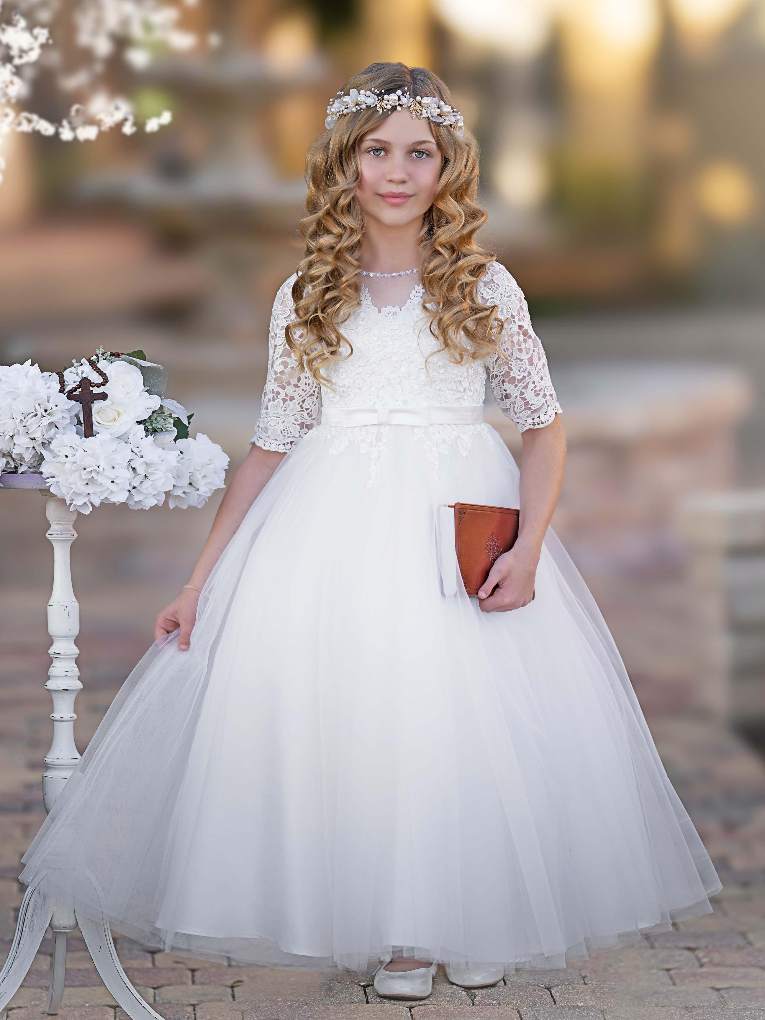 long sleeve first communion dress Modest with Bishop Sleeves Special Order LaLaMira The Aurora Lace First