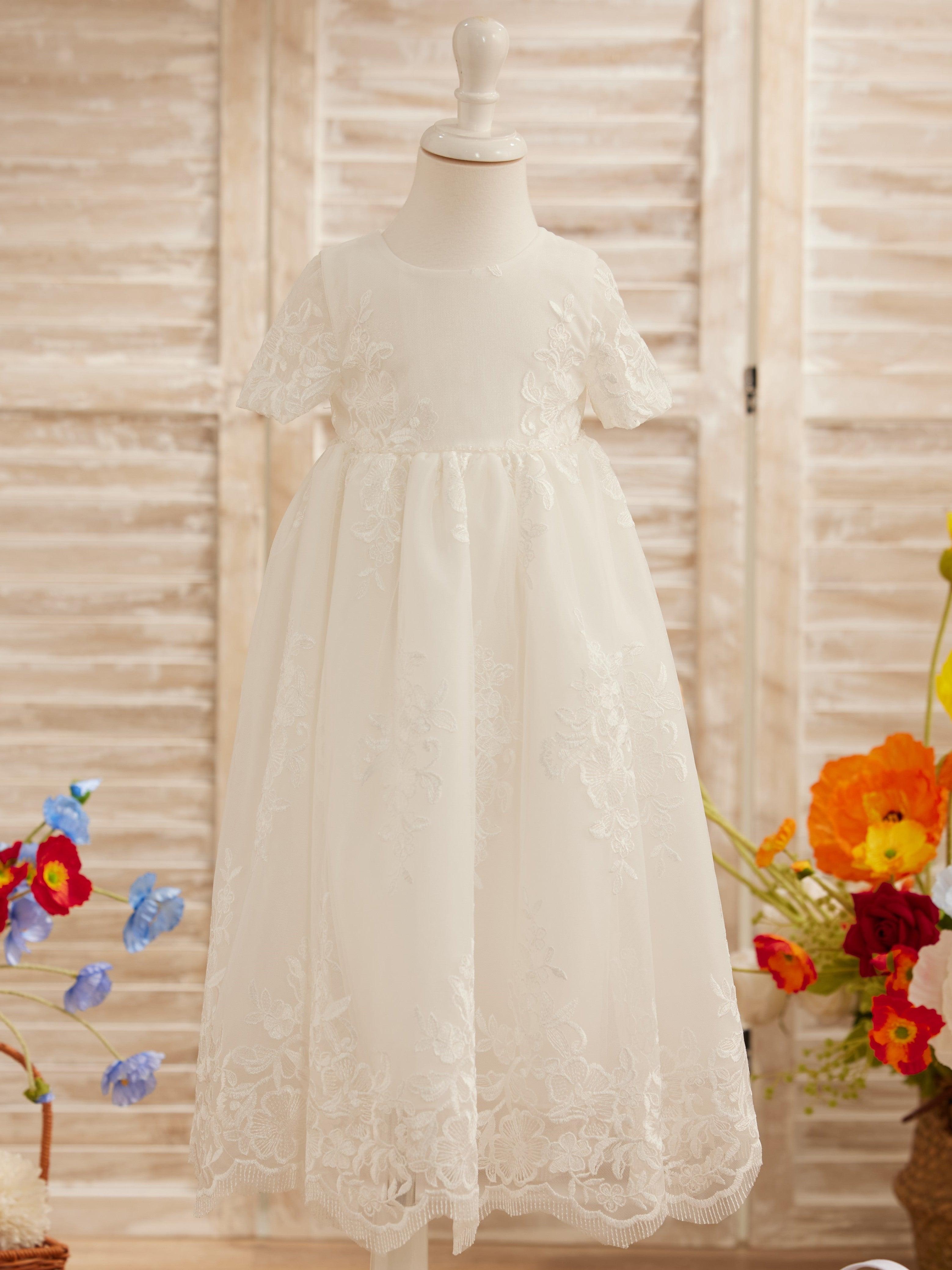 LalaMira Elegant White Lace A-Line Dress for First Communion & Flower Girl - Scalloped Hem Ivory / 6M LalaMira Elegant White Lace A-Line Dress for First Communion & Flower Girl - Scalloped Hem Ivory / 6M