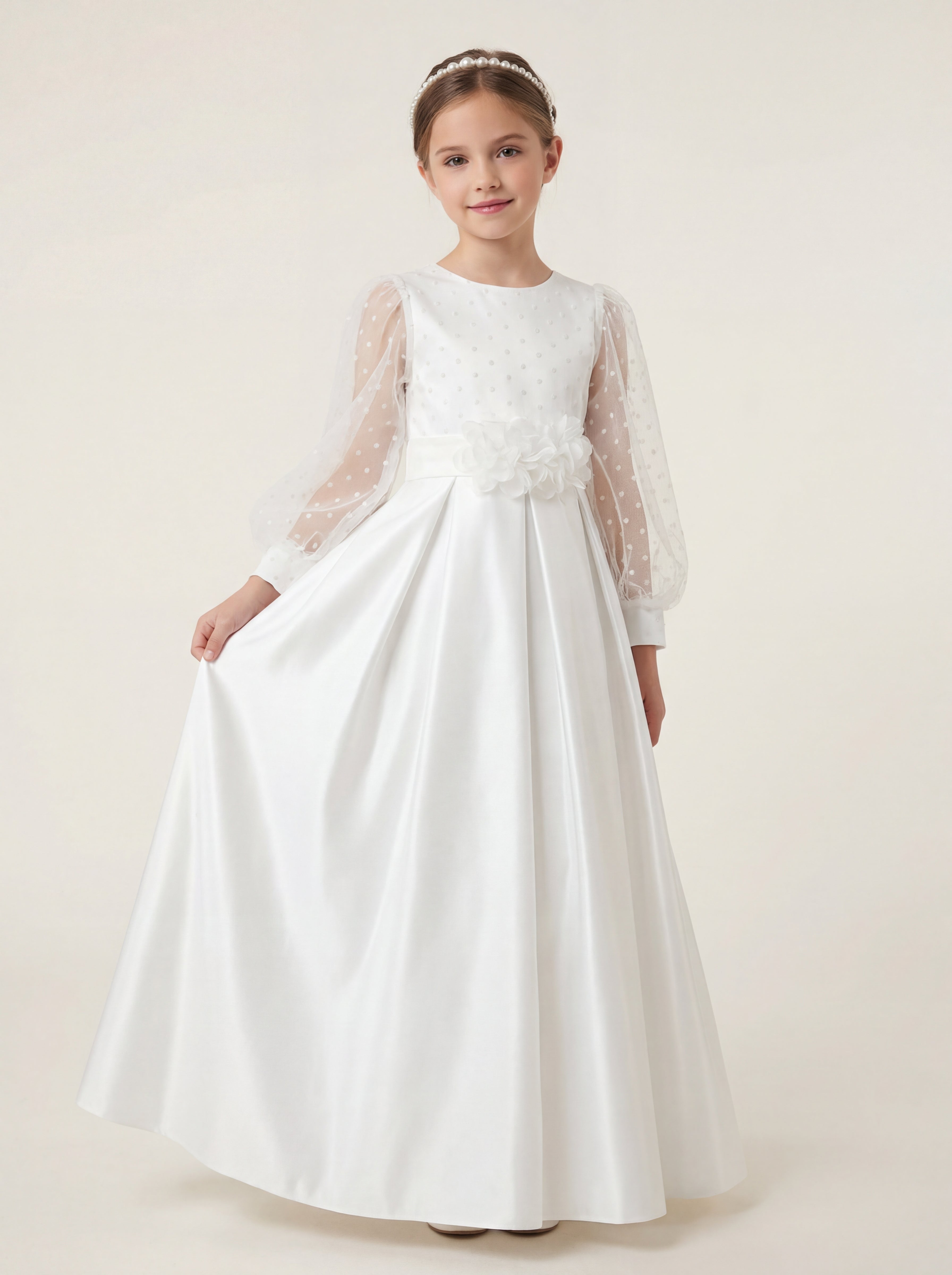 LalaMira The Wren - Luxury White Satin & Dot Tulle First Communion Dress for Girls White / 11Y