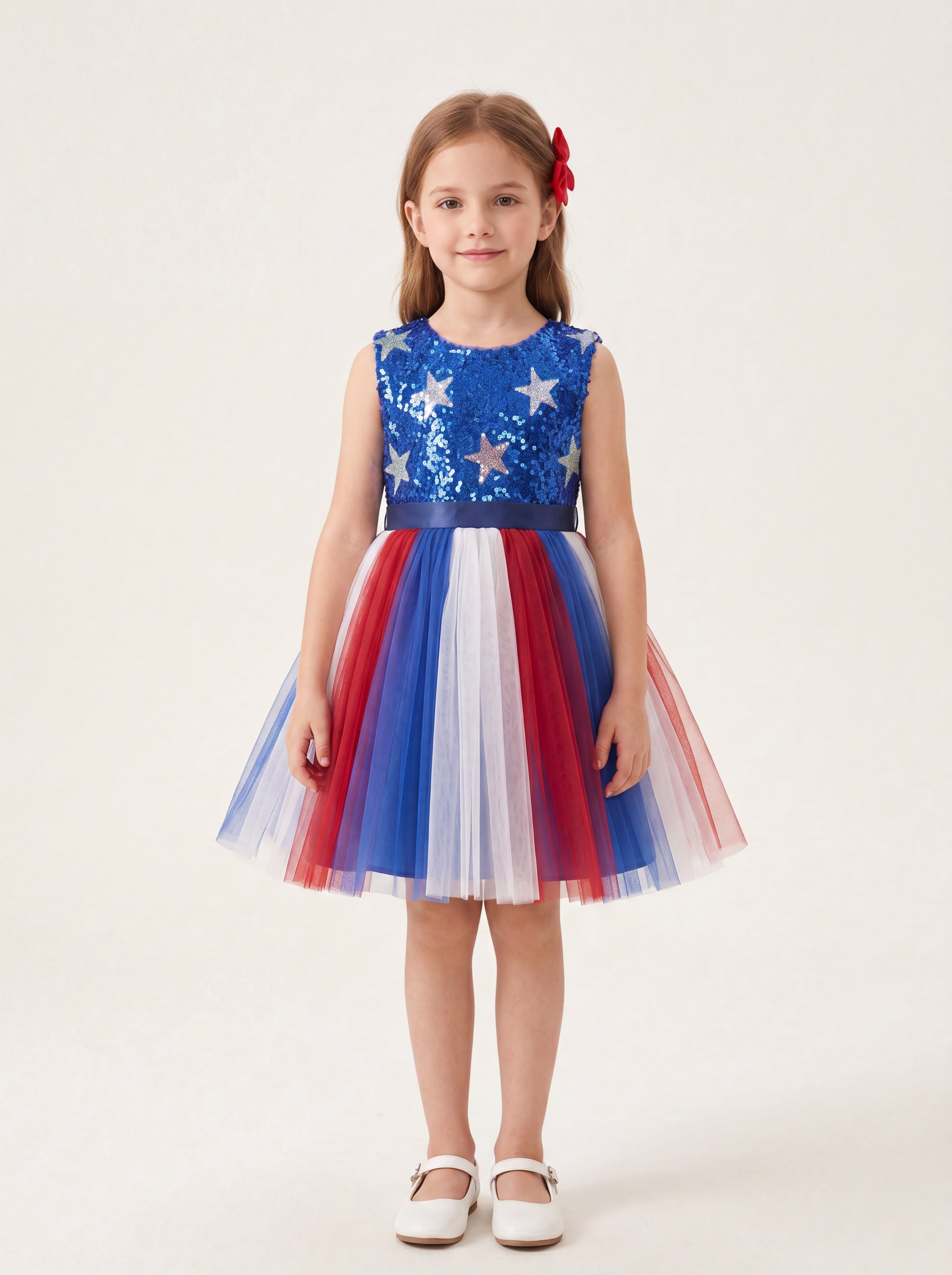 LaLaMira Star Sequin Red White Blue Tulle Party Dress Independence Day Blue / Custom Size