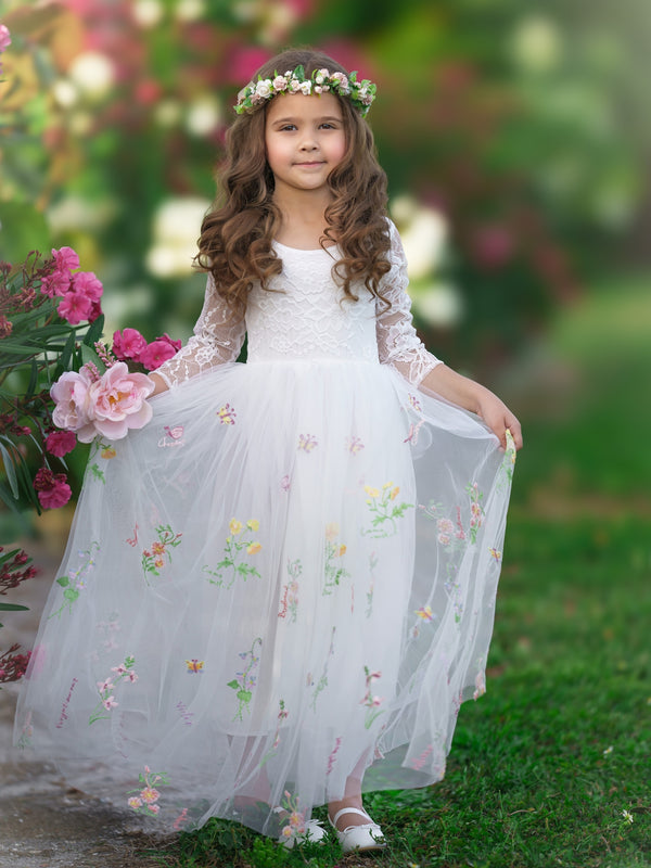 Floral Lace Embroidered Tulle A-Line Floor Length Garden Flower Girl Dress