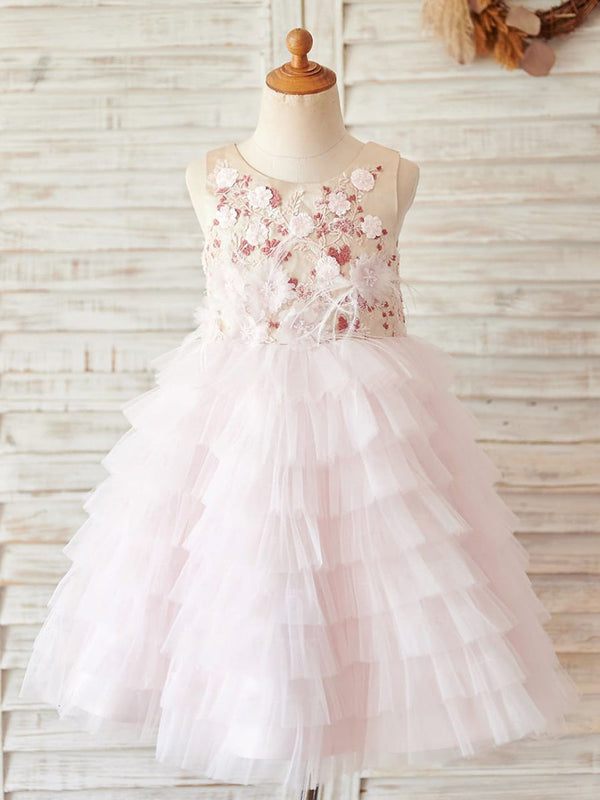 Ball-Gown/Princess Satin Tulle Knee-length Pink Dress (2003227386)