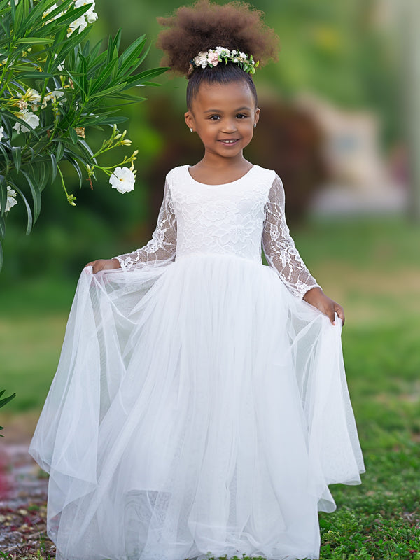 Girl Peony Lace Back A-Line Straight Tutu Tulle Party Flower Girl Dress