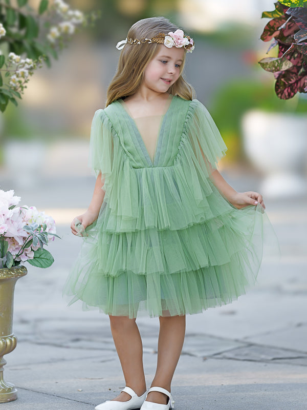 Enchanted Garden Fairy Elegant Tulle Green Flower Girl Dress