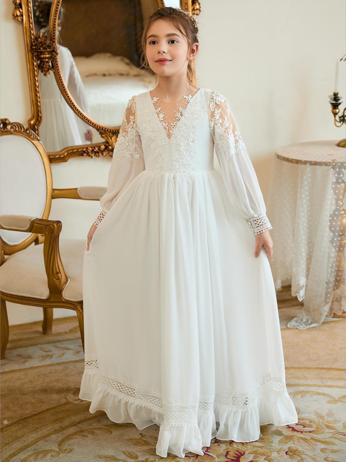 LalaMira The Genevieve White Lace Long Sleeve Flower Girl Dress Communion Gown Ivory / 7y LalaMira The Genevieve White Lace Long Sleeve Flower Girl Dress Communion Gown Ivory / 7y