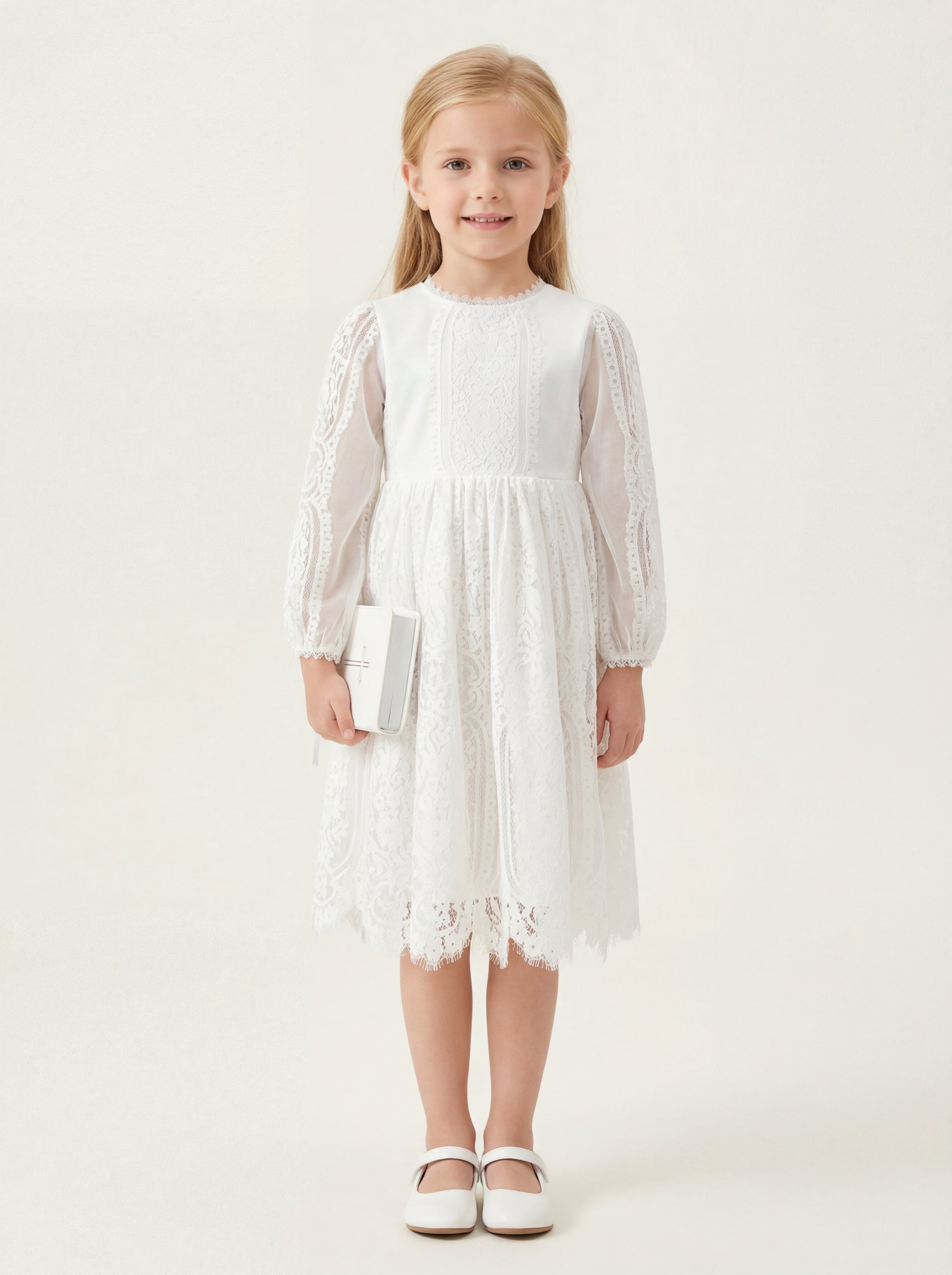 LalaMira Modest White Lace A-Line Dress for First Communion & Flower Girl - Long Illusion Sleeves White / 12M