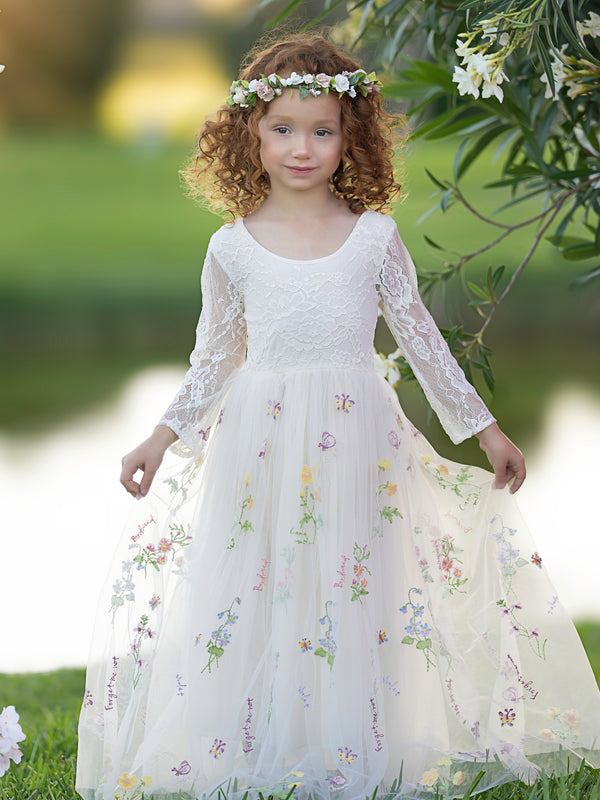 Floral Lace Embroidered Tulle A-Line Full-Length Garden Flower Girl Dress