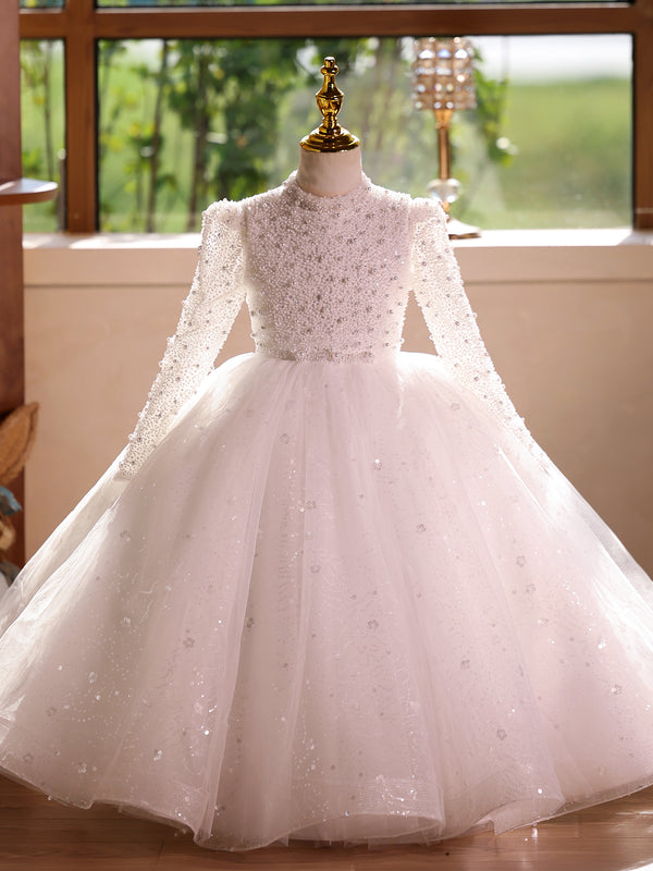 Tulle Long Sleeves Floor Length Girl Birthday Pageant Dress
