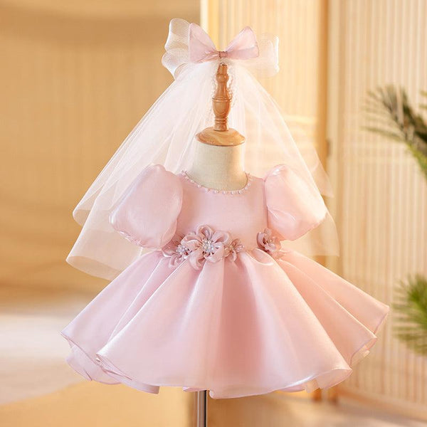 Pink Knee-Length Puff Sleeves Baby Girl Birthday Dress