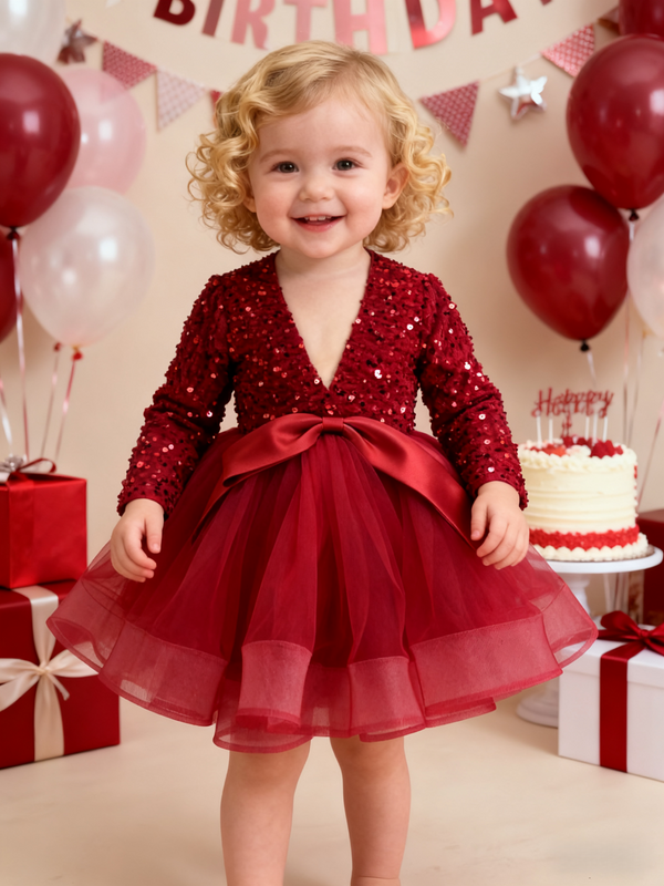 Velvet Short Sleeves Knee Length First Birthday Dress