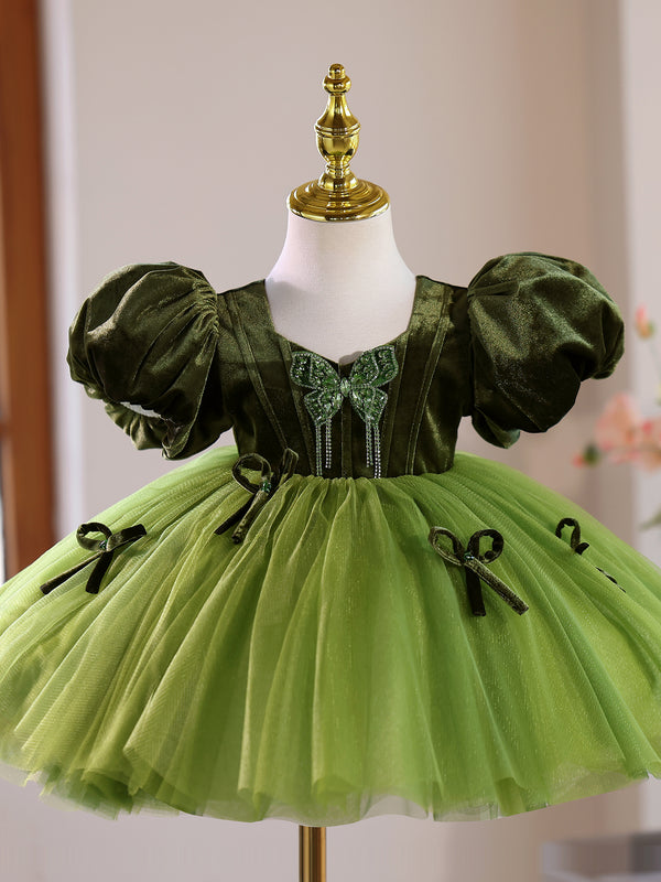 Velvet Short Sleeves Knee Length Baby Girl Dress