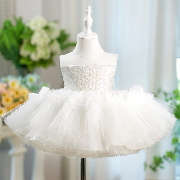 Sleeveless Knee-length Girl Birthday Dress Classic White