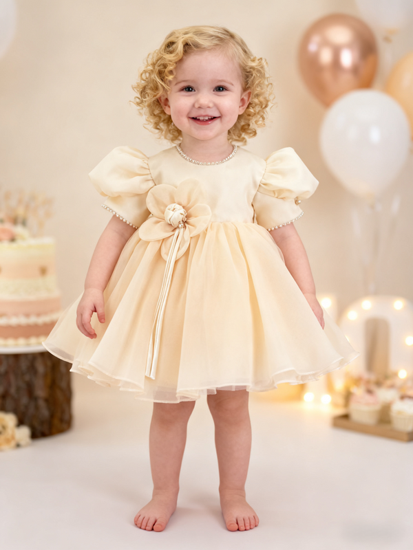 Champagne Knee Length Short Sleeves  Baby Girl Birthday Dress Vintage Charm