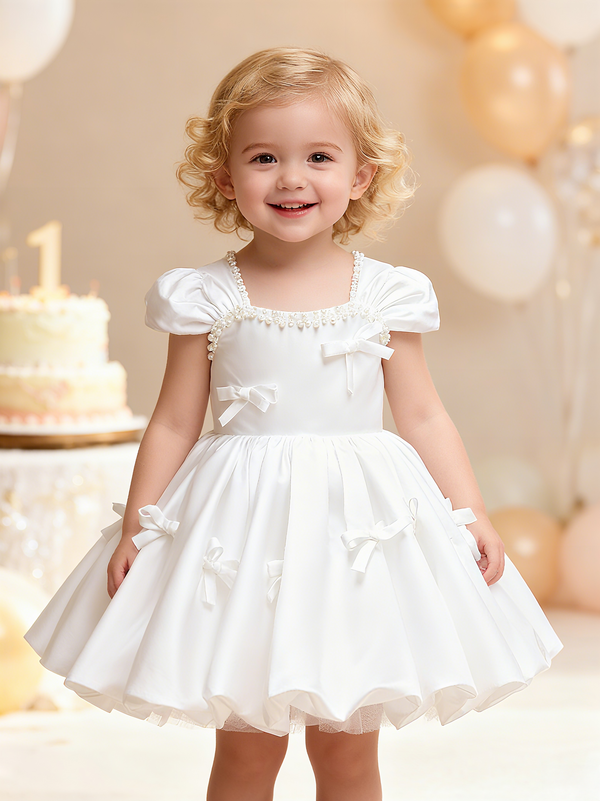 Satin Sleeveless Knee Length First Birthday Dress Classic White