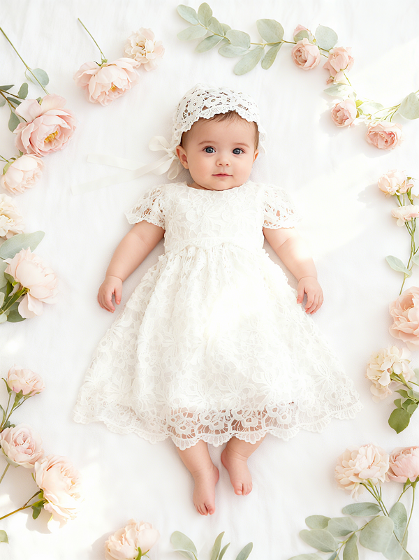 Short Sleeves Lace Christening Gown Dress