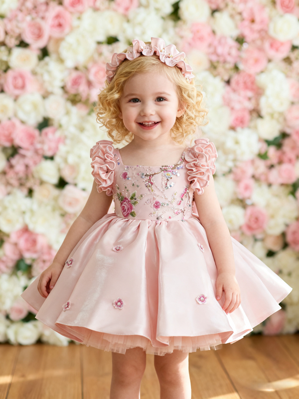 Vestido rosa hasta la rodilla con tul y lentejuelas y bordado floral para niña 