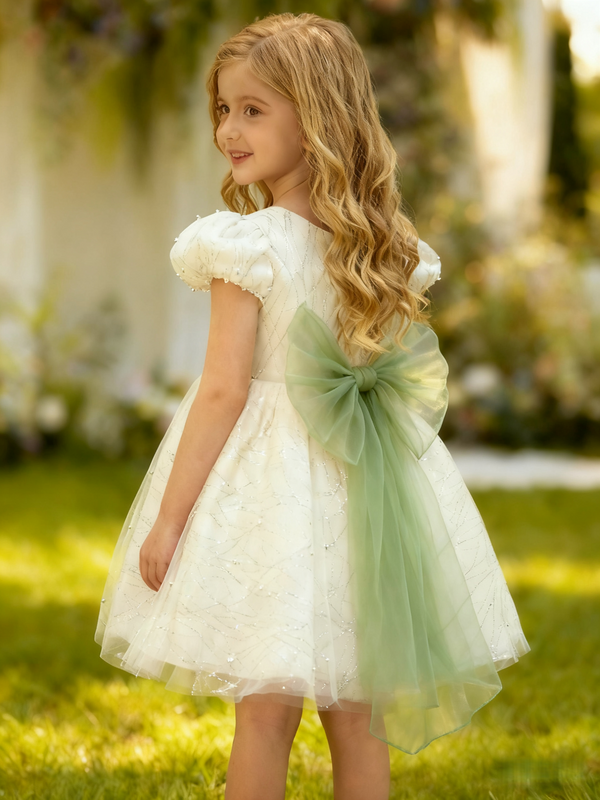 Tulle Short Sleeves Knee Length Flower Girl Dress