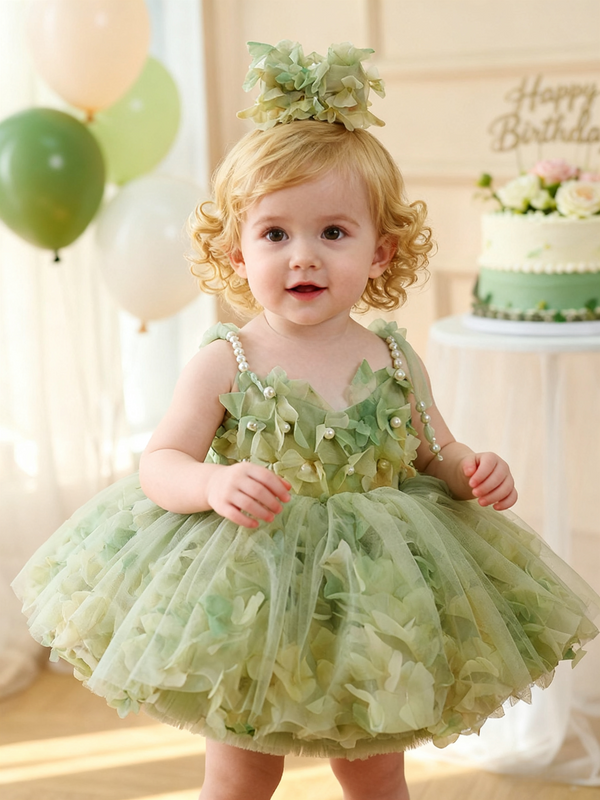 Knee-Length Sleeveless Baby Girl Birthday Dress Floral Garden
