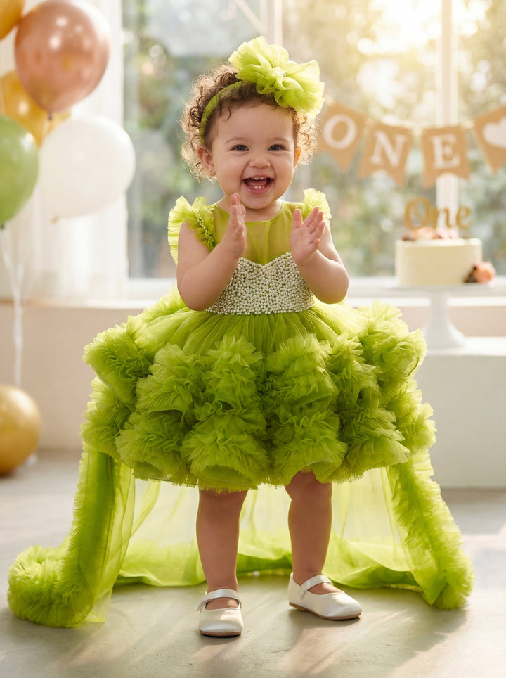 LaLaMira The Felicity Lime Green Pearl Tulle Dress