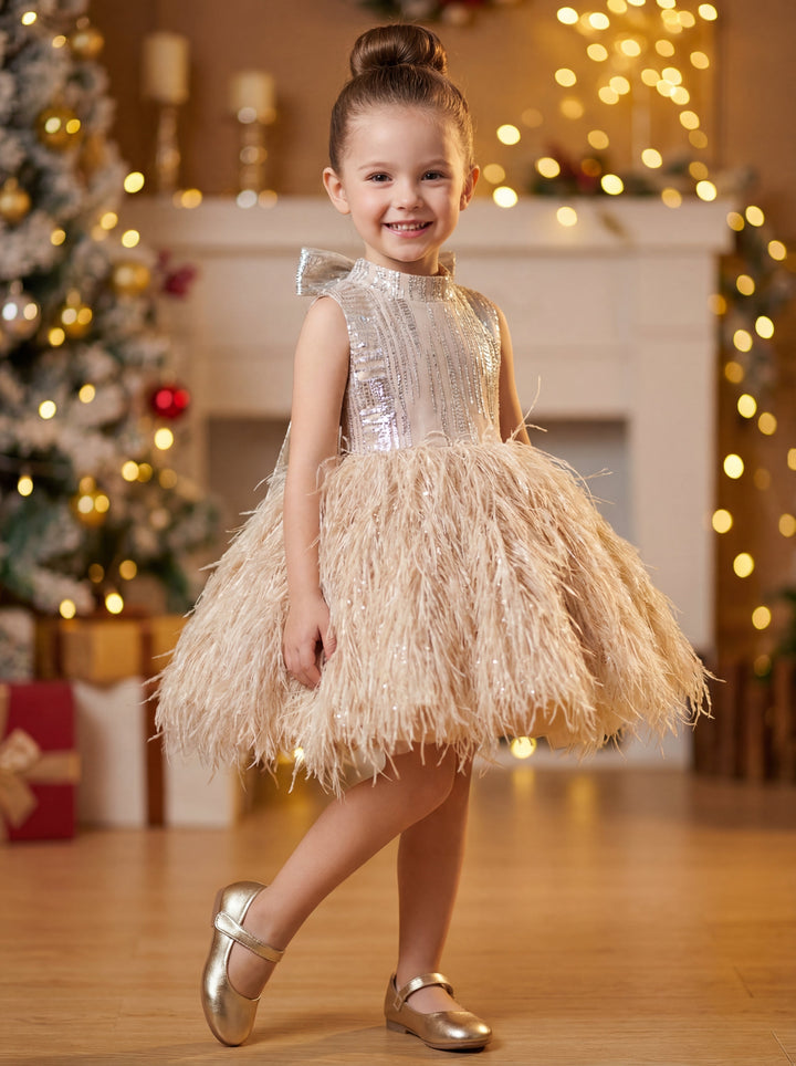 white christmas dresses Champagne Kylie Jenner Glitter Sparkly Sequin Dress Slit Prom Celebrit –  Hoprom main image 1