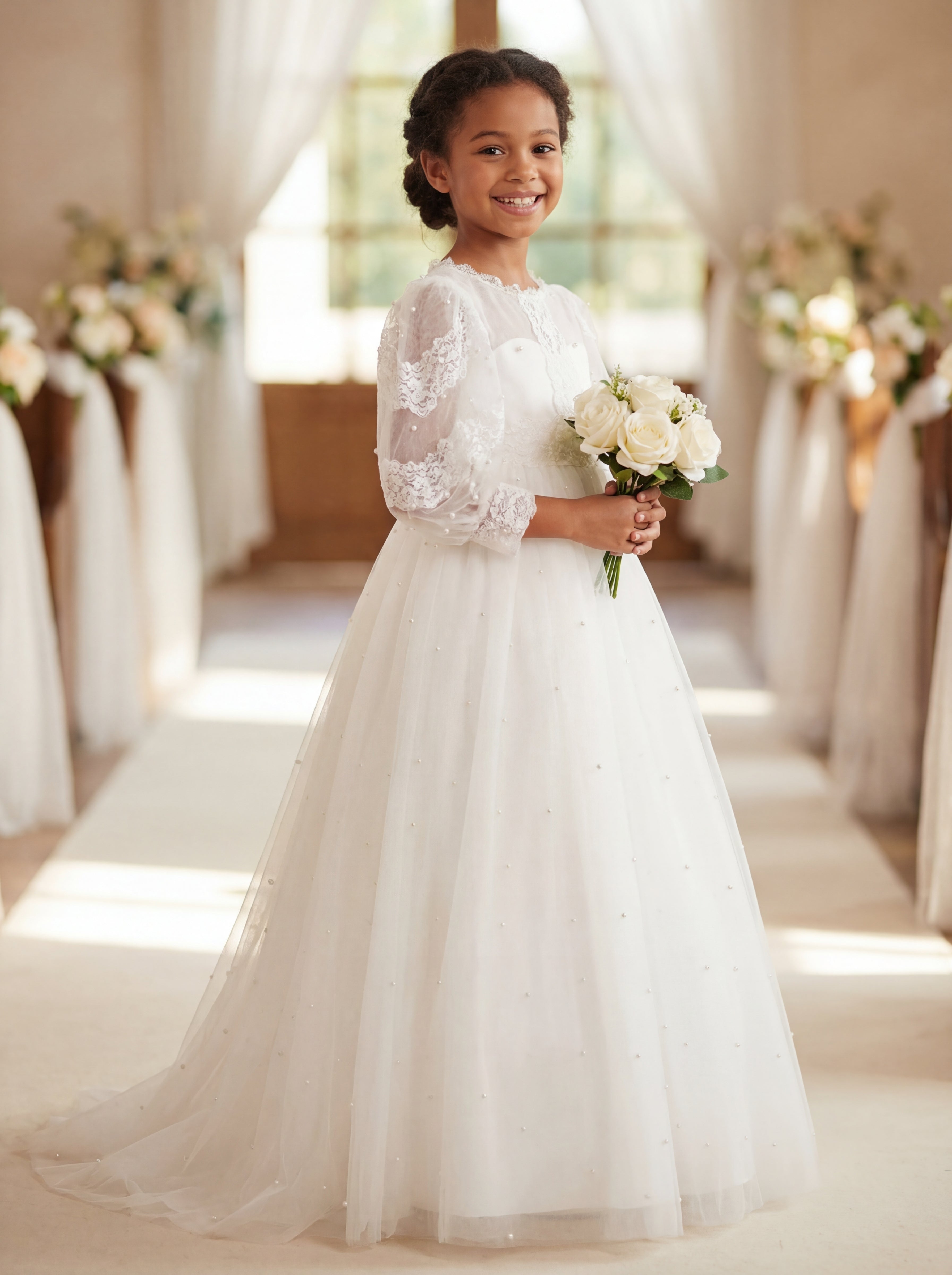 The Mira Pearl Tulle Gown | Girls Floor Length Communion Dress  LalaMira