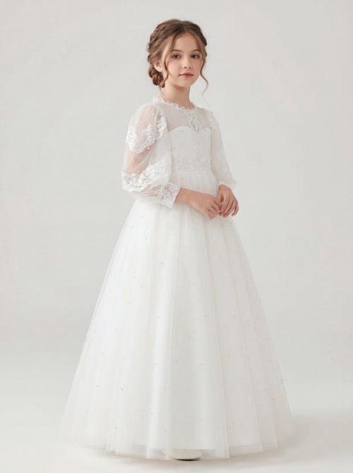 knee length dresses for ladies Long Sleeve and Silk Organza Made in Italy Communion Dress 6 / Off White