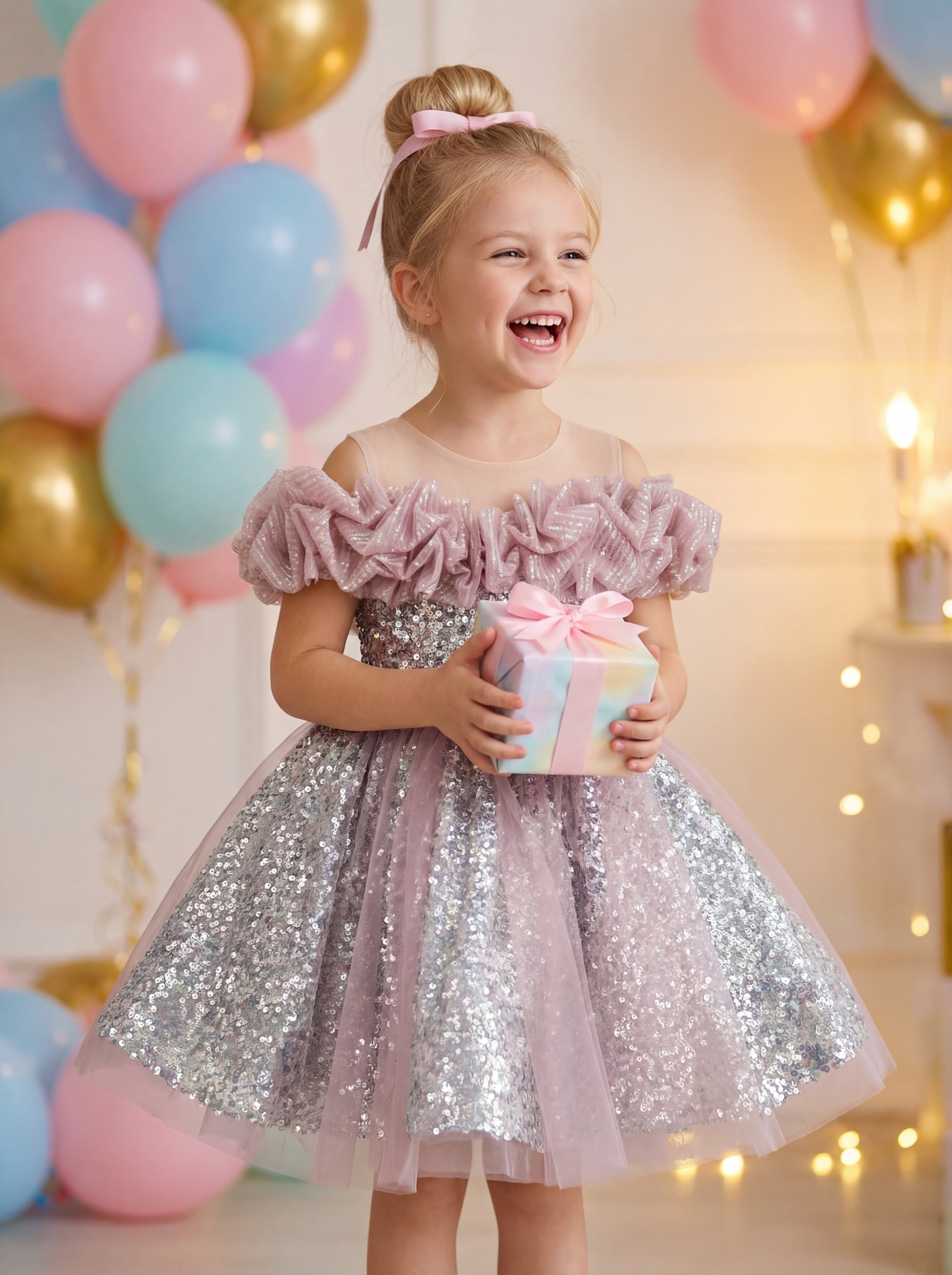 The Pearl Sequin Tulle Girl Dress | Pink Silver Party Gown LalaMira The Pearl Sequin Tulle Girl Dress | Pink Silver Party Gown LalaMira
