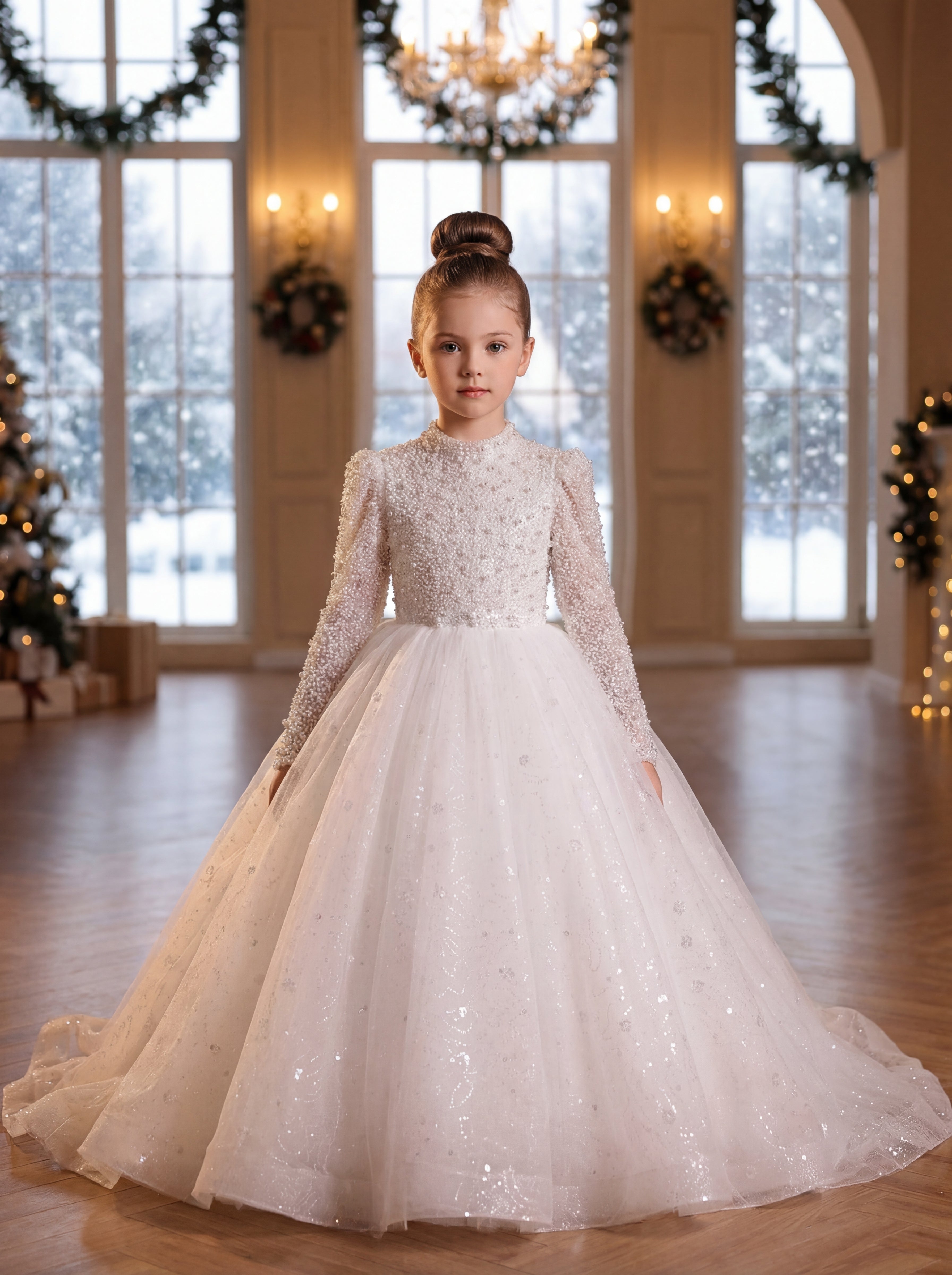 LalaMira The Faith Pearl High Neck Flower Girl Dress | Luxury Floor Length Gown Ivory / 6Y LalaMira The Faith Pearl High Neck Flower Girl Dress | Luxury Floor Length Gown Ivory / 6Y