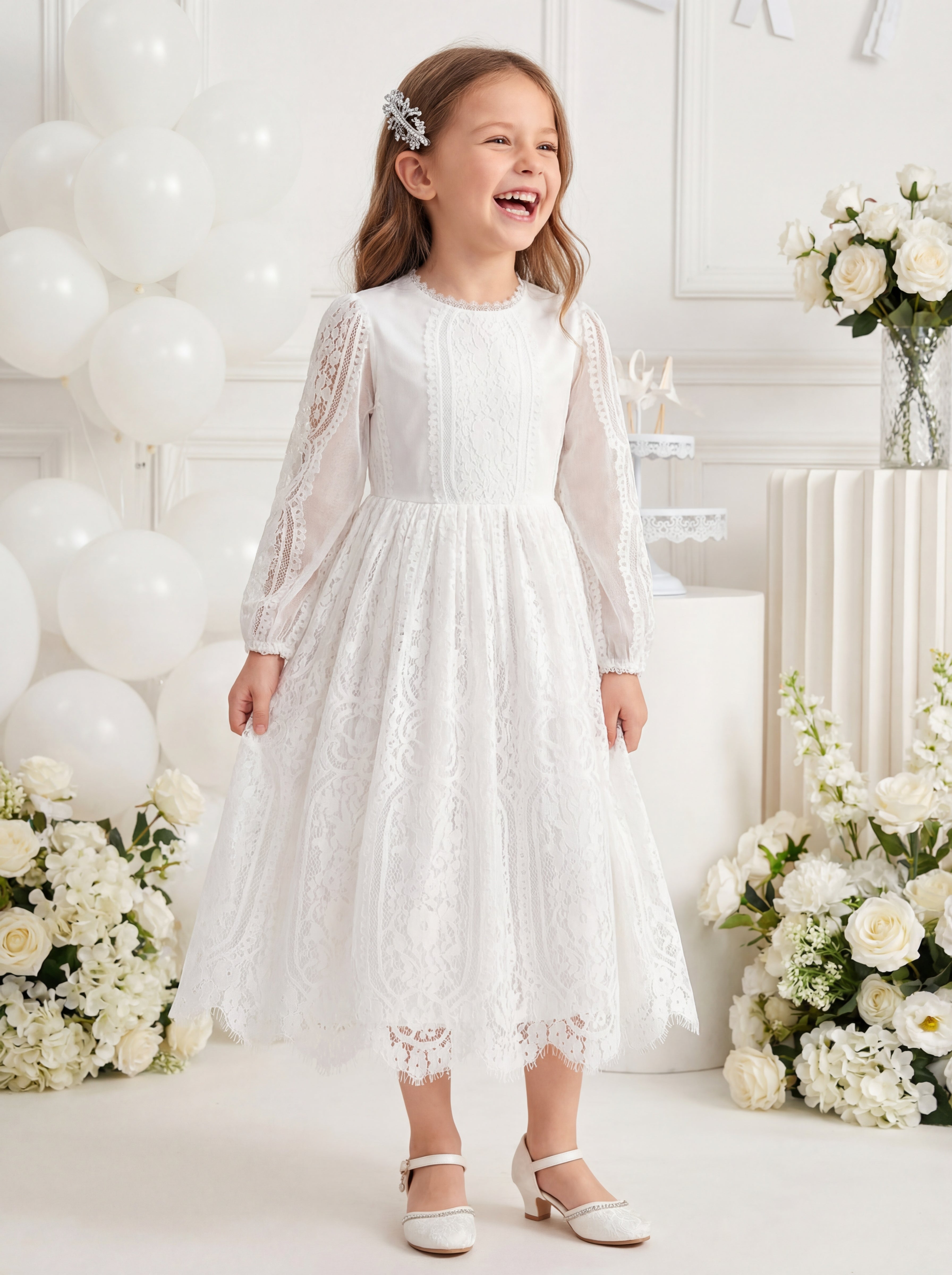 knee length dresses for ladies Swan White Flower Girl Lace Dress main image 0