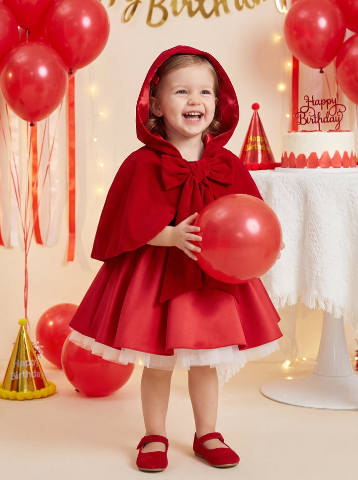 LaLaMira The Little Red Riding Hood - Red Velvet Hooded Cape Dress