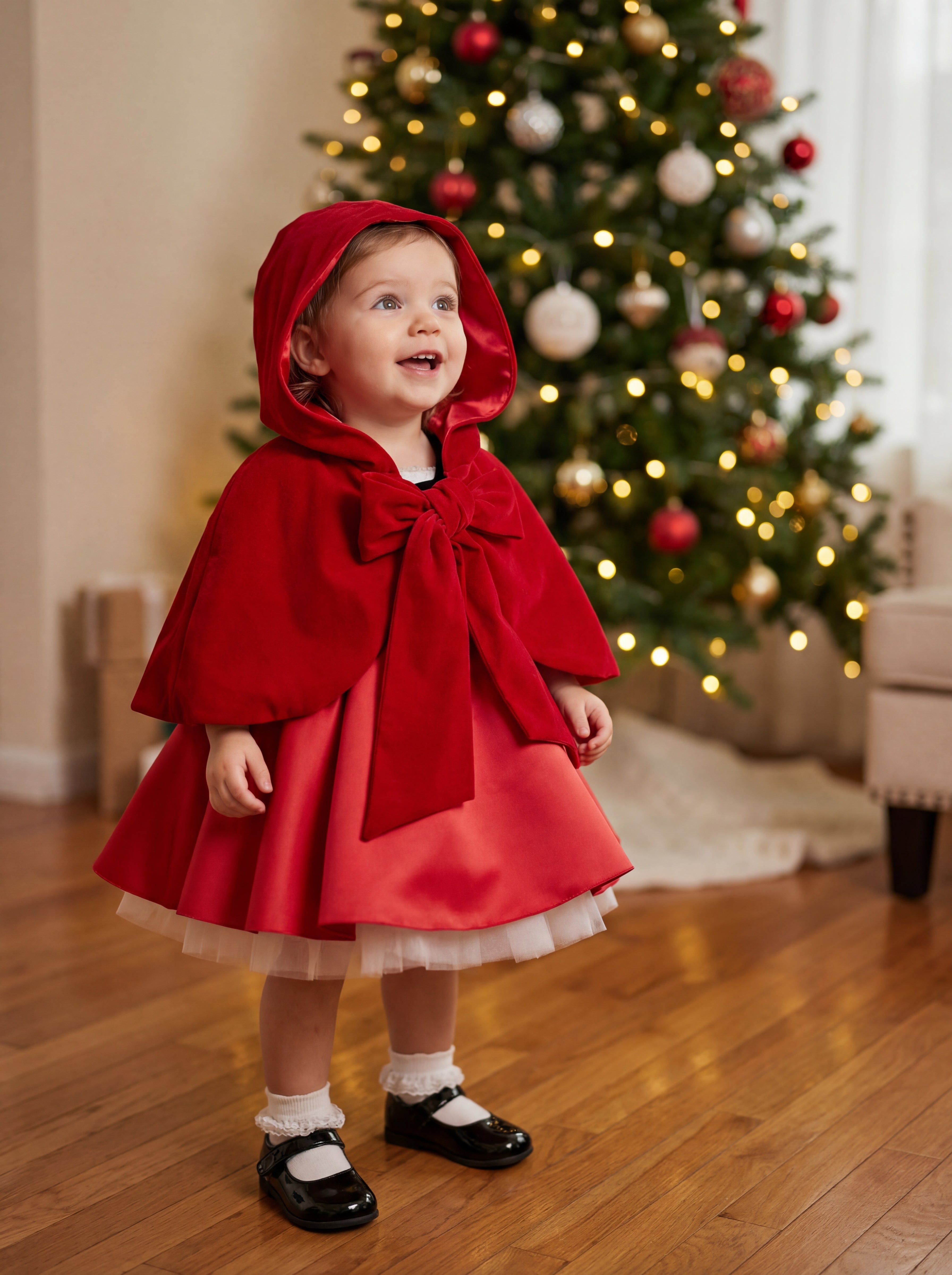 LaLaMira The Little Red Riding Hood - Red Velvet Hooded Cape Dress