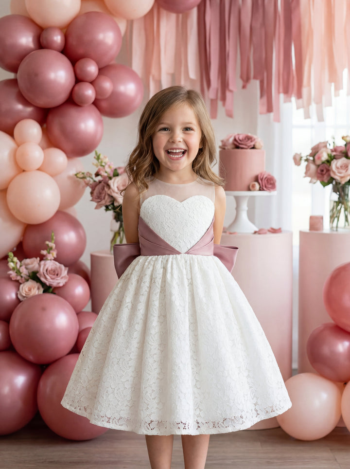 LalaMira The Rosalie White Lace & Dusty Rose Bow Flower Girl Party Dress Black / 11Y LalaMira The Rosalie White Lace & Dusty Rose Bow Flower Girl Party Dress Black / 11Y