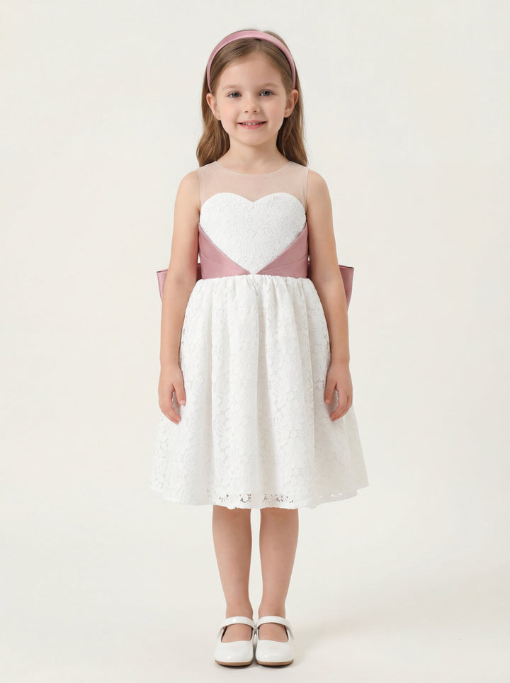 LalaMira The Rosalie White Lace & Dusty Rose Bow Flower Girl Party Dress Black / 11Y LalaMira The Rosalie White Lace & Dusty Rose Bow Flower Girl Party Dress Black / 11Y