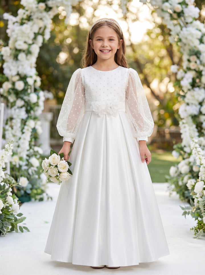 LalaMira The Wren - Luxury White Satin & Dot Tulle First Communion Dress for Girls White / 11Y LalaMira The Wren - Luxury White Satin & Dot Tulle First Communion Dress for Girls White / 11Y