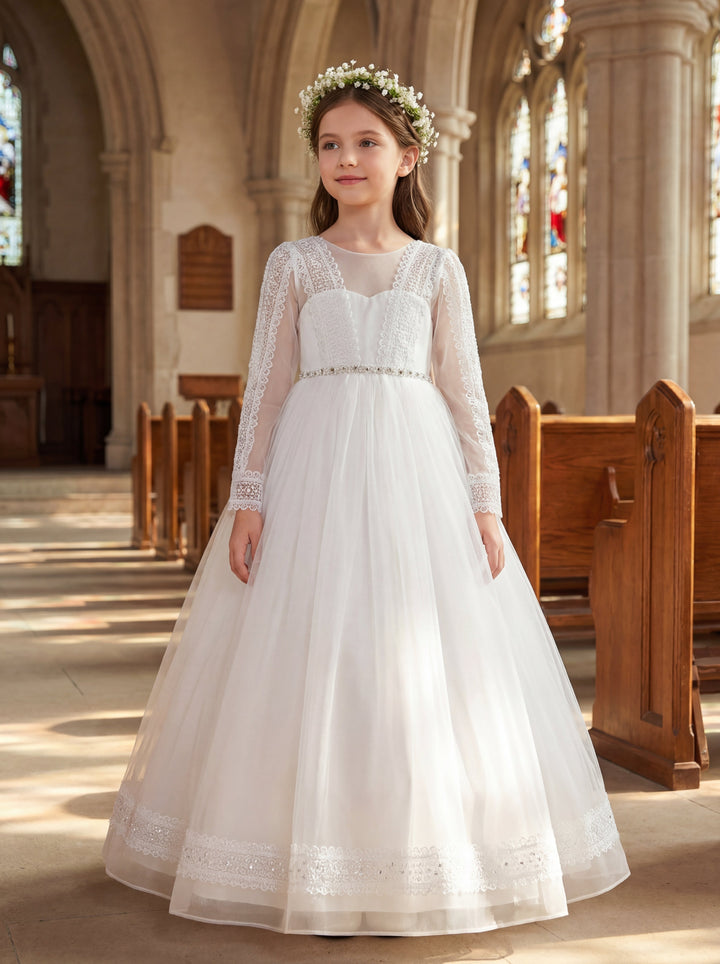 knee length dresses for ladies Cute Lace Flower Girl Dresses with Bow Long Sleeve Full Length Communion Dress, White / 12 main image 0