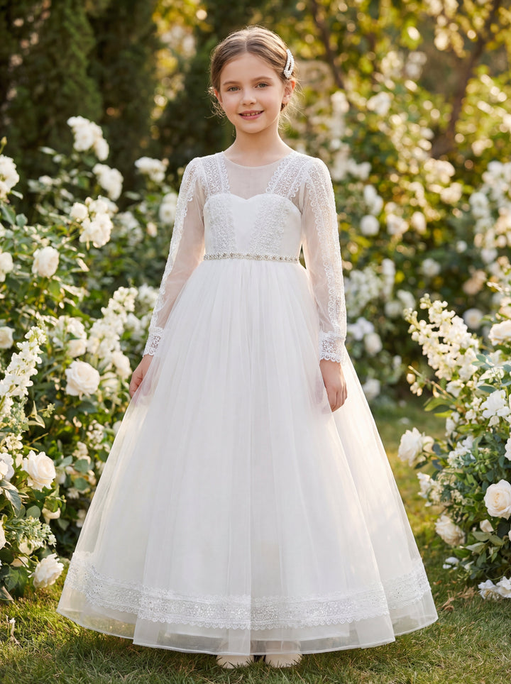 a line first communion dresses Mia Bambina Off-White Mikado Satin First Communion Gown with Pearl Neckline main image 0