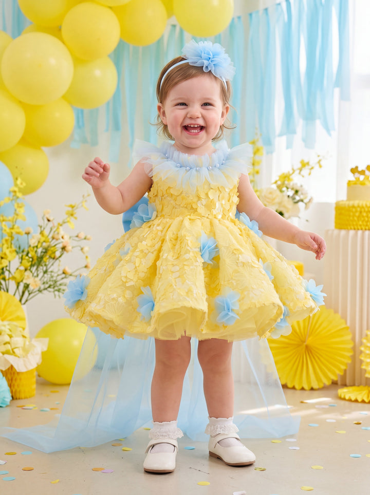 yellow dress with blue flowers The Scarlet 1 - Luxury Yellow & Blue Girls Gown