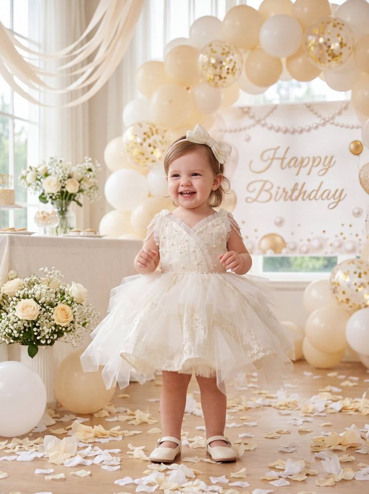 LaLaMira The Maya - Ivory Pearl Lace Tulle Flower Girl Dress