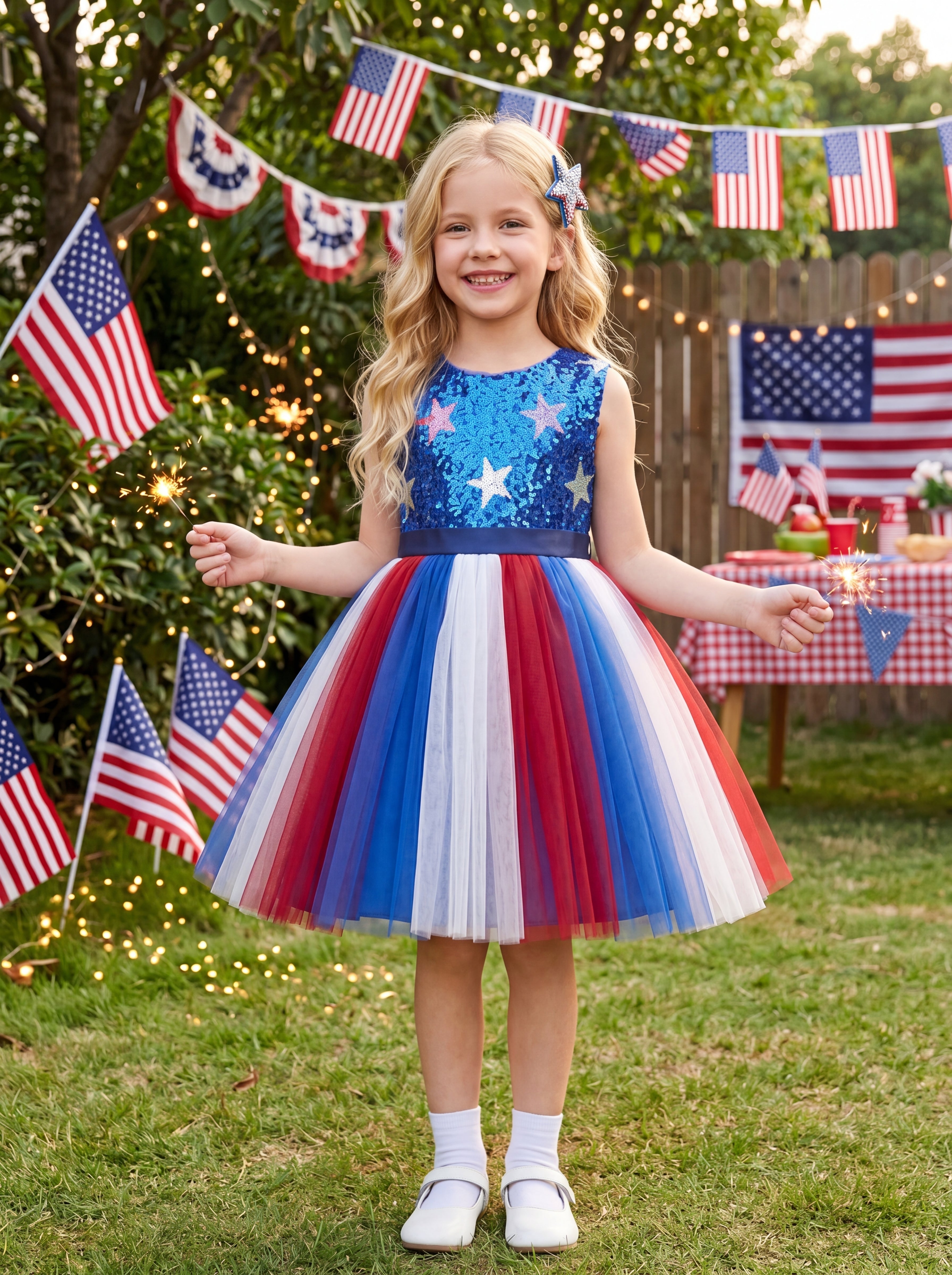 Star Sequin Red White Blue Tulle Party Dress Independence Day