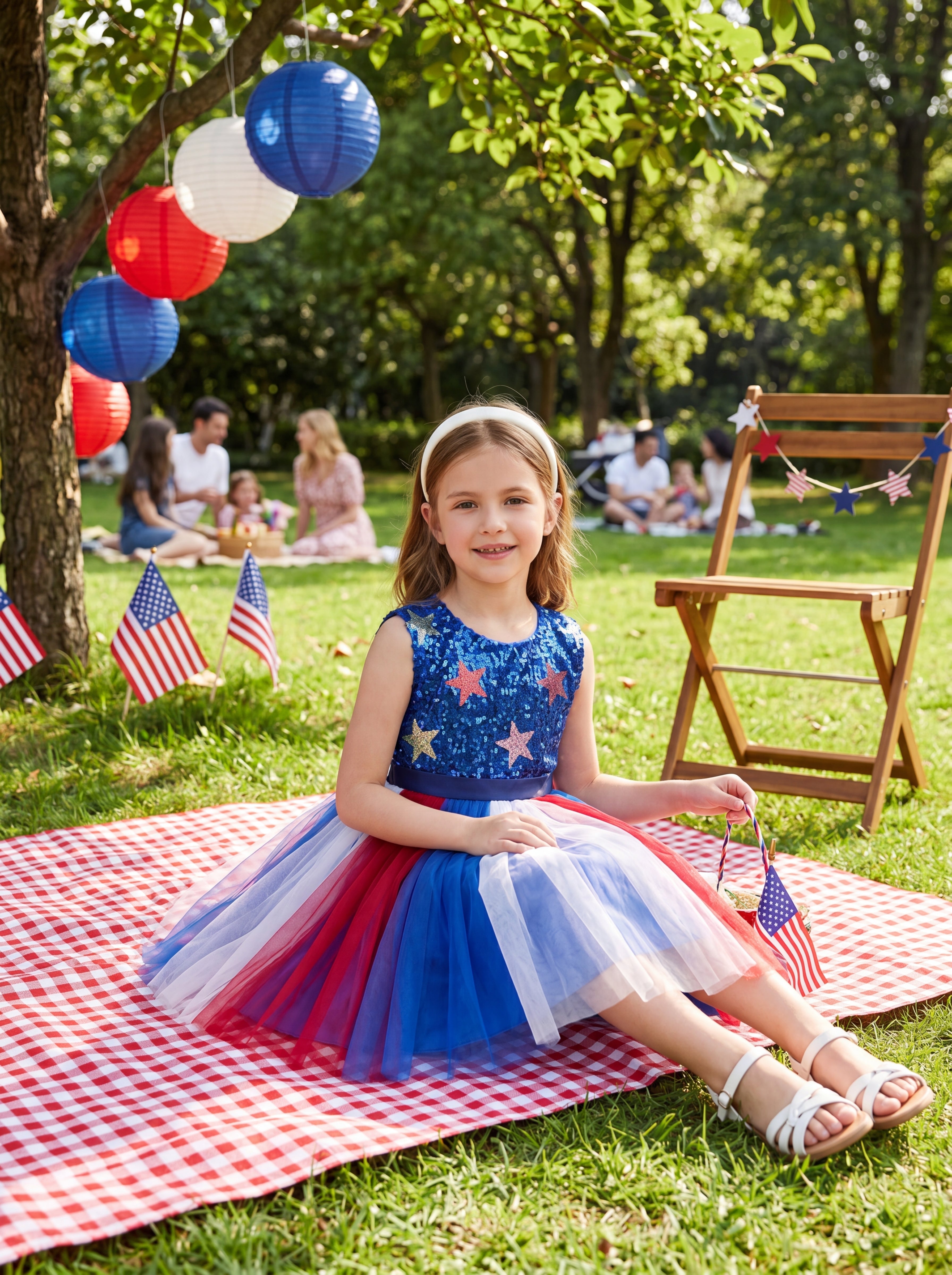 LaLaMira Star Sequin Red White Blue Tulle Party Dress Independence Day Blue / Custom Size