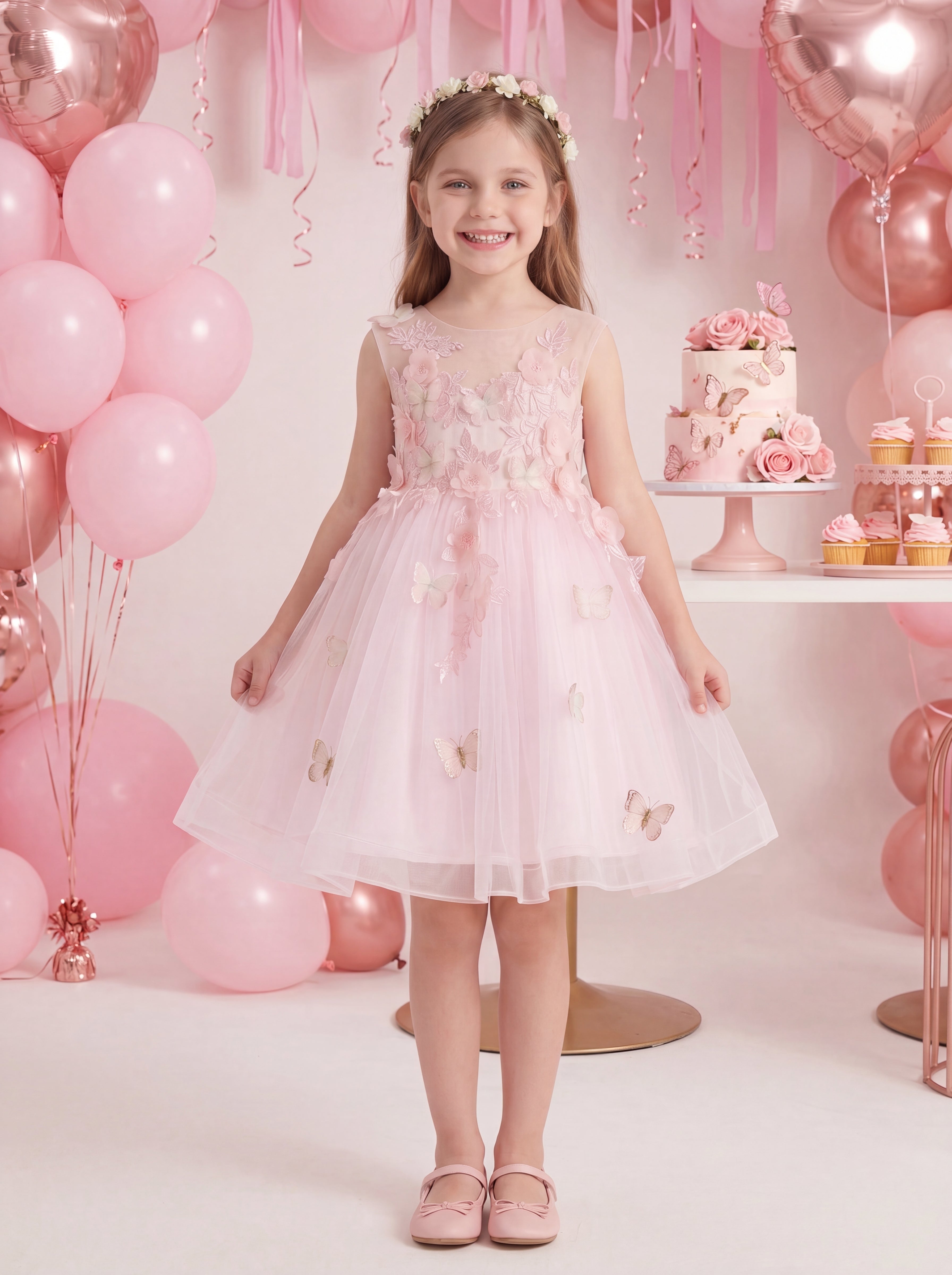 Pink Fairycore Floral Tulle Dress | Flower Girl & Party  display picture 1