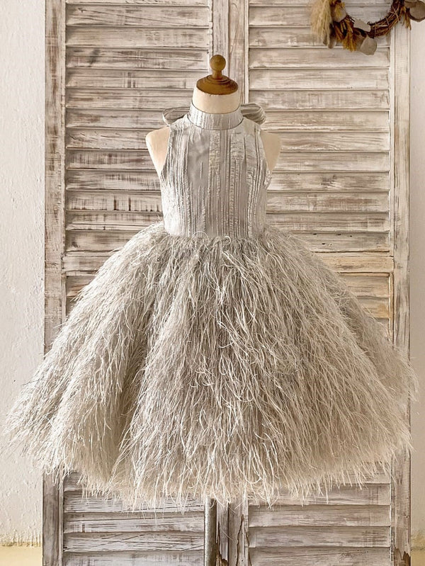 Jacquard Feather Knee-length Silver Dress (2003227638)