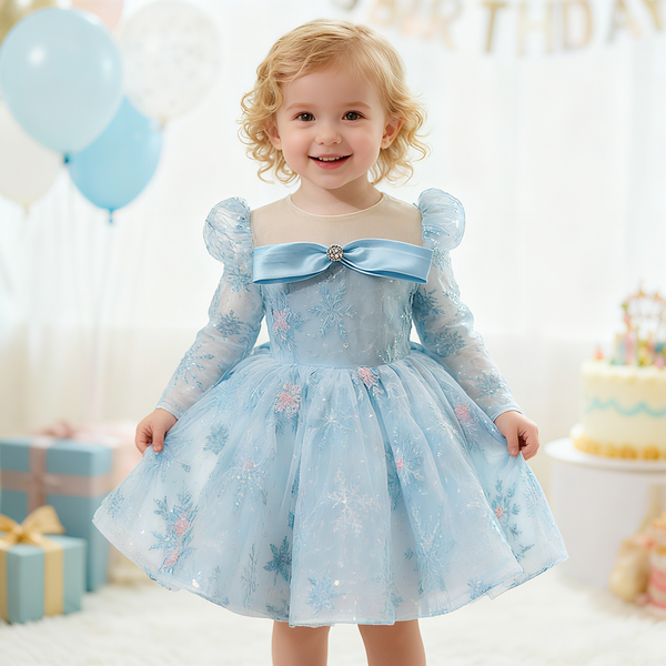Vestido de cumpleaños para niña de tul con mangas largas y copos de nieve hasta la rodilla