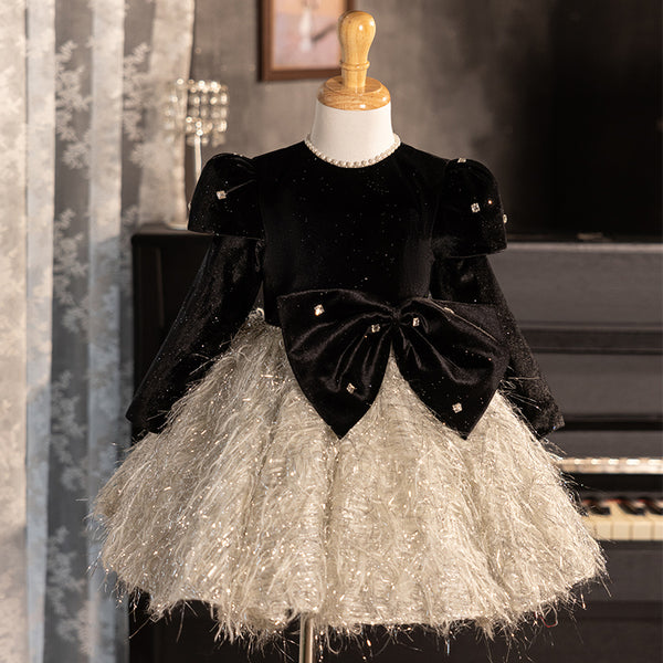 Velvet Long Sleeves Knee Length Baby Girl Dress