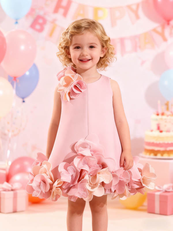 Space Cotton 3D Flower Baby Girl Dress Floral Garden