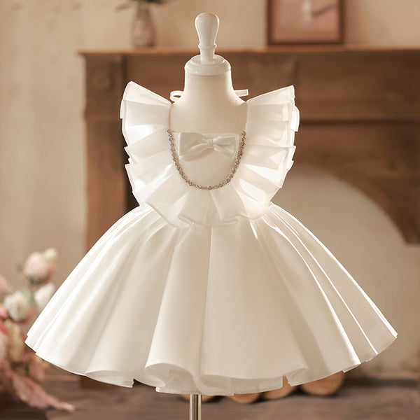 Satin Sleeveless Knee Length First Birthday Dress Classic White