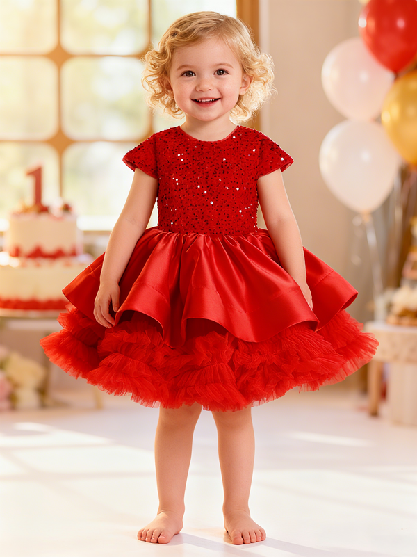 Satin Cap Sleeves Knee Length First Birthday Dress Christmas Party