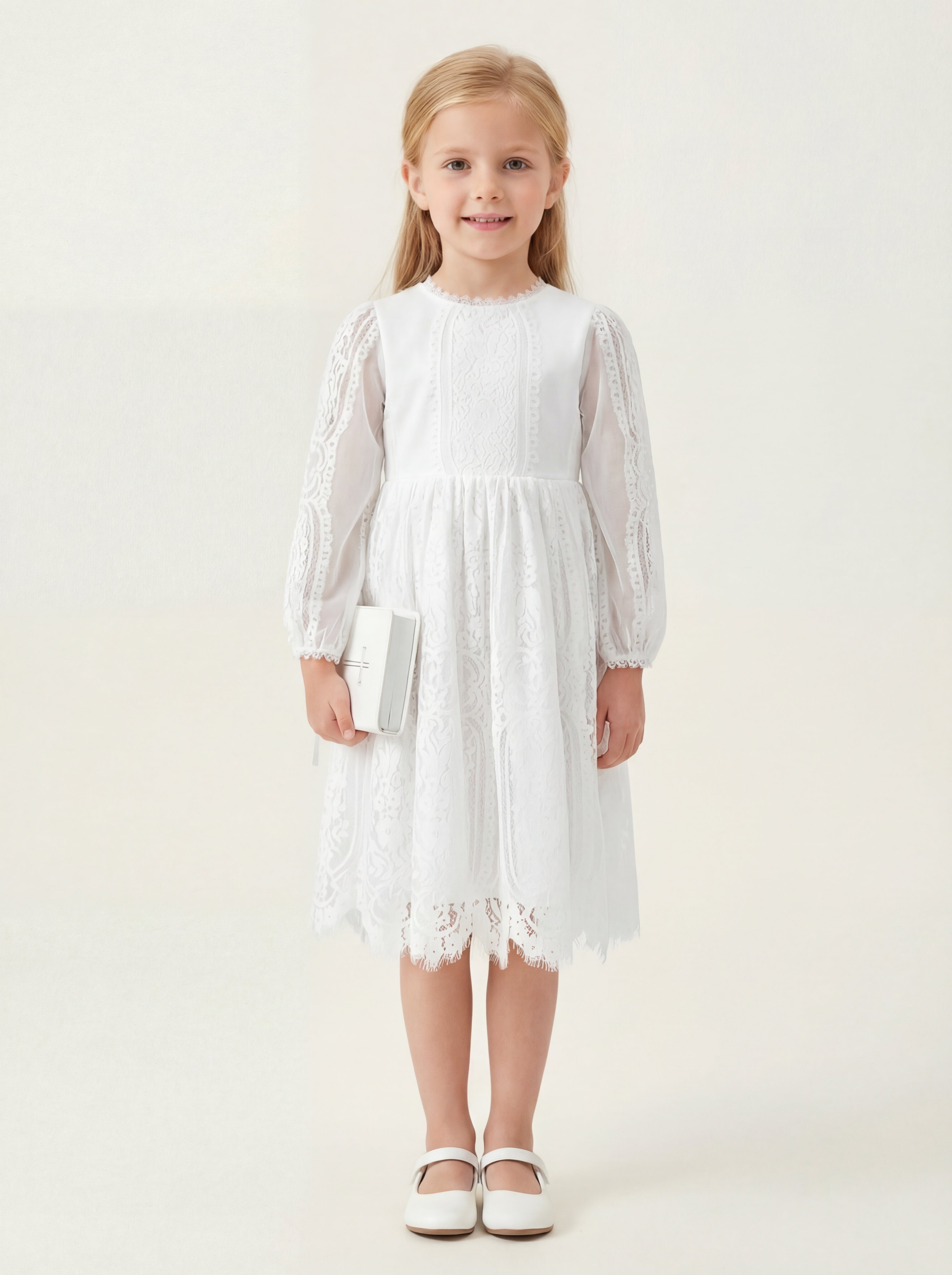 LalaMira Modest White Lace A-Line Dress for First Communion & Flower Girl - Long Illusion Sleeves White / 12Y